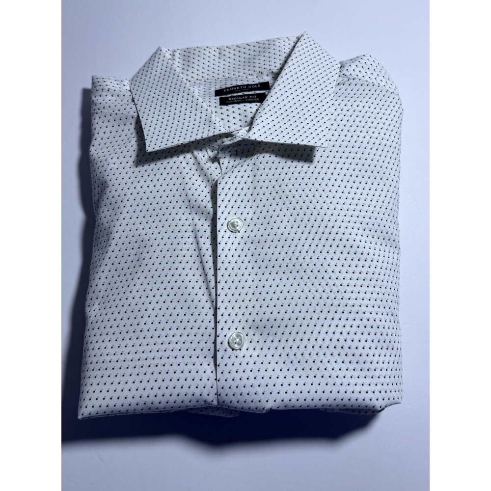 Kenneth Cole Dress Shirt Mens XL White Regular Fit Non-Iron Stretch‎ Polka Dot